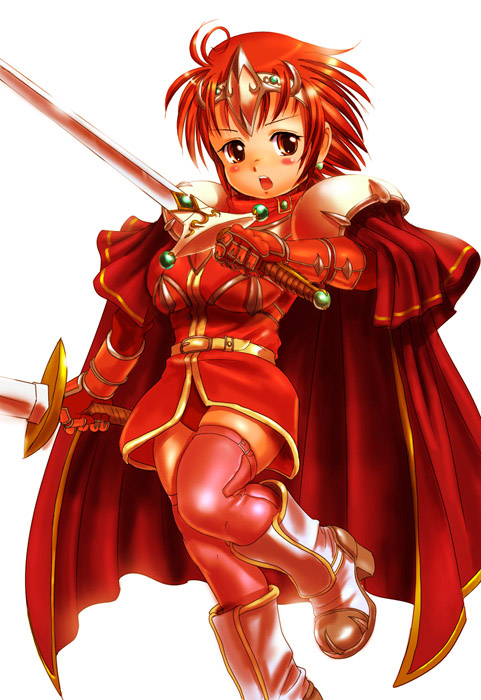 boots cape circlet dual_wield dual_wielding final_fantasy final_fantasy_iii knight moriichi red red_eyes red_hair redhead shoulder_pads solo sword thigh-highs thighhighs warrior_of_the_light weapon