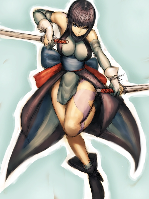 boots breasts dual_wield dual_wielding gloves heterochromia humio large_breasts samurai_spirits shiki shiki_(samurai_spirits) short_hair snk sword weapon