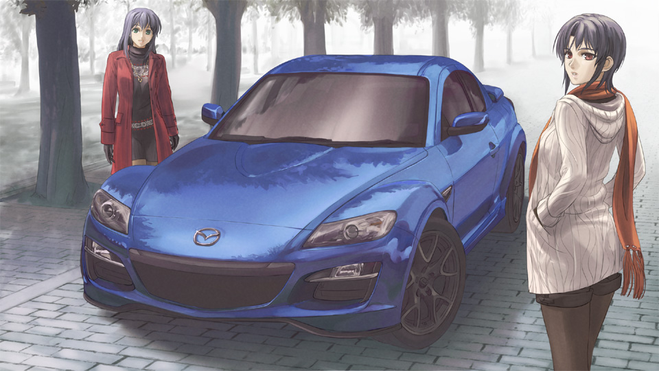 black_hair car coat gloves jewelry mazda mazda_rx-8 motor_vehicle multiple_girls pantyhose pendant red_eyes scarf short_hair shorts street tan_taka tree trees vehicle