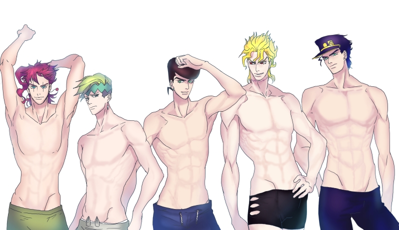 5boys black_hair black_n_12 blonde_hair dio_brando green_hair higashikata_jousuke jojo_no_kimyou_na_bouken kakyouin_noriaki kishibe_rohan kuujou_joutarou multiple_boys pink_hair swim_trunks