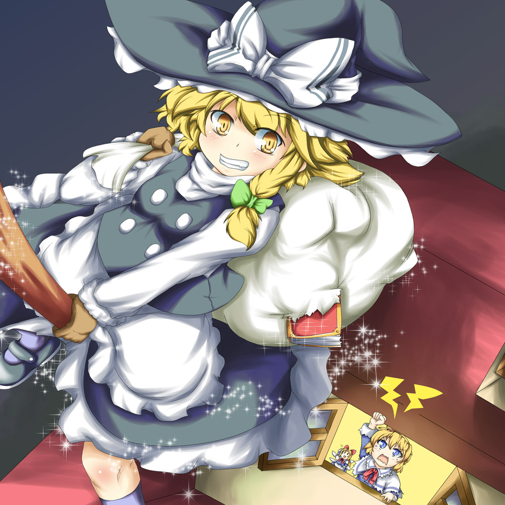 &gt;:) &gt;:d :d alice_margatroid angry bad_id bag bangs blonde_hair blue_eyes blush body_blush book bow braid broom broom_riding brown_gloves capelet d:&lt; doll dutch_angle flying grin hair_bow hat hat_bow house kirisame_marisa kotoyoro long_hair mary_janes multiple_girls nanatsuhane necktie new_year open_mouth outdoors over_shoulder raised_fist ribbon ribbons sack shanghai shanghai_doll shoes short_hair side_braid skirt skirt_set smile sparkle theft touhou waving white_legwear window witch witch_hat yellow_eyes