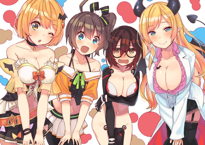 4girls belt bending_forward black_hair blue_eyes blush breasts brown_hair cleavage collarbone commentary_request covering covering_crotch demon_tail embarrassed garter_belt glasses groin hololive horns labcoat large_breasts long_hair multiple_girls natsuiro_matsuri navel no_panties one_eye_closed pantyhose pointy_ears ribbon roboco-san roboco_ch. side_ponytail tail thigh-highs tonari_no_kai_keruberosu virtual_youtuber yozora_mel yuzuki_choco