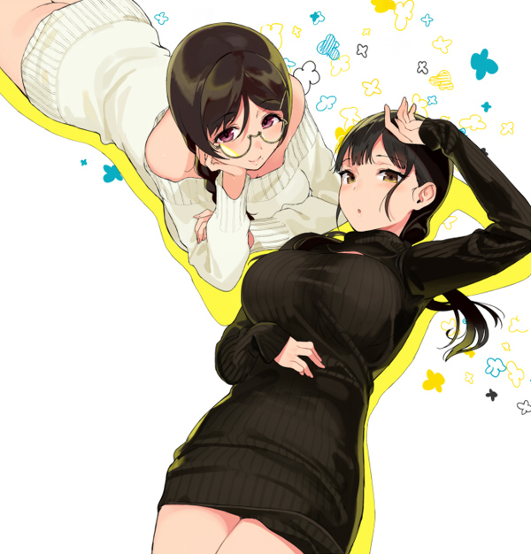 2girls akizono_kanna ass black_hair black_sweater blush braid breasts brown_eyes brown_hair cleavage dress glasses hair_ornament hairclip large_breasts long_hair long_sleeves looking_at_viewer lying mole mole_under_mouth multiple_girls naked_sweater on_back on_stomach original red_eyes ribbed_sweater sasamori_tomoe semi-rimless_eyewear simple_background single_braid smile succubus_stayed_life sweater sweater_dress turtleneck turtleneck_sweater under-rim_eyewear white_sweater yomisawa_tsukino