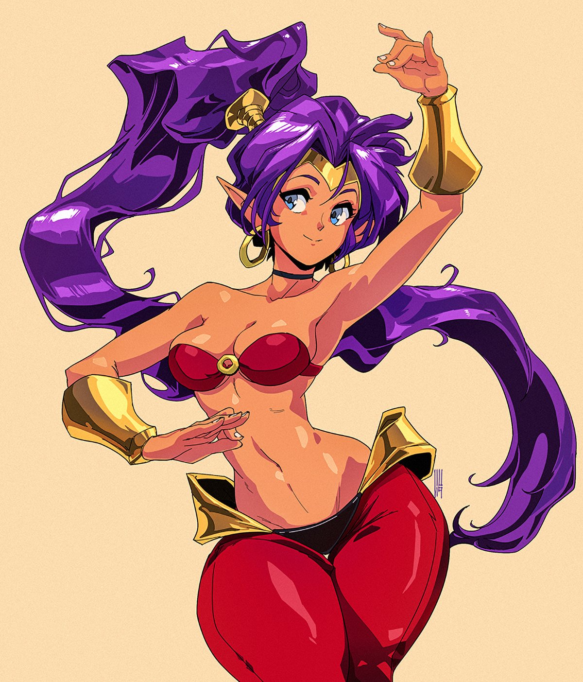 1girl absurdly_long_hair arabian_clothes arm_up armpits bare_shoulders belly_dancing blue_eyes bracer breasts choker circlet cleavage commentary dancing dark_skin david_liu earrings english_commentary harem_pants high_ponytail highres hoop_earrings jewelry long_hair looking_to_the_side medium_breasts midriff navel o-ring o-ring_top pants pointy_ears purple_hair red_pants shantae_(character) shantae_(series) shantae_5 simple_background smile solo thick_thighs thigh_gap thighs very_long_hair wide_hips