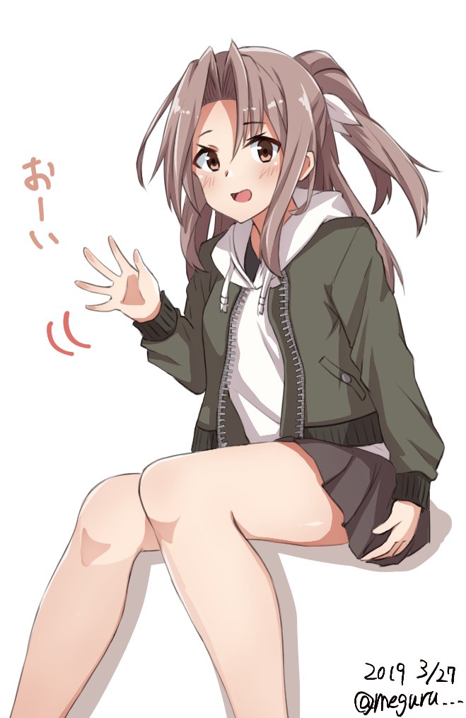 1girl alternate_costume brown_eyes commentary_request drawstring feet_out_of_frame grey_jacket grey_skirt high_ponytail hood hooded_sweater hoodie invisible_chair jacket kantai_collection long_hair looking_at_viewer meguru_(megurunn) pleated_skirt ponytail simple_background sitting skirt solo sweater white_background white_sweater zuihou_(kantai_collection)