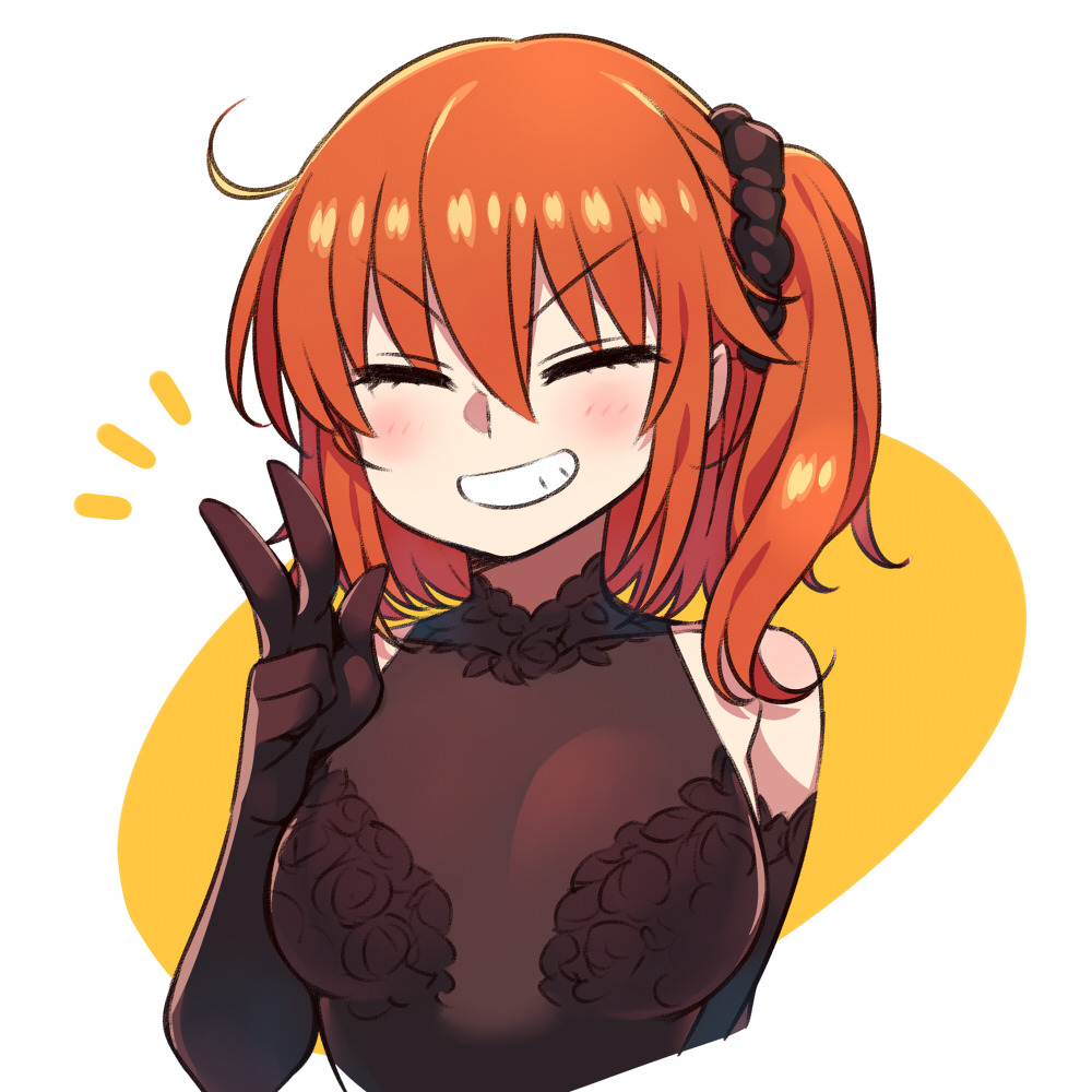 1girl ^_^ black_dress black_gloves blush breasts chan_co closed_eyes closed_eyes dress elbow_gloves eyebrows_visible_through_hair fate/grand_order fate_(series) fujimaru_ritsuka_(female) gloves grin hair_between_eyes hair_ornament hair_scrunchie medium_breasts medium_hair one_side_up orange_hair scrunchie see-through simple_background smile solo upper_body v v-shaped_eyebrows