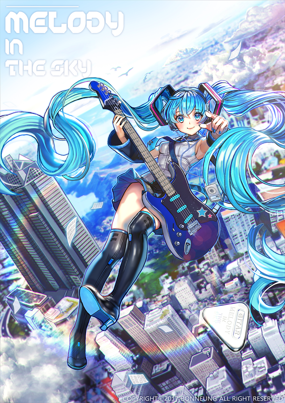 1girl 2017 animal armpits bird blue_eyes blue_hair blue_nails blue_neckwear blue_sky blurry blush bokeh breasts building city cityscape clouds cloudy_sky commentary_request day depth_of_field detached_sleeves digital_media_player electric_guitar english_text eyebrows_visible_through_hair fingernails floating floating_hair flying grey_shirt guitar happy hatsune_miku headphones highres holding holding_instrument honnou_(kjs9504) instrument long_hair looking_at_viewer medium_breasts nail_polish necktie outdoors paper plectrum rainbow sheet_music shirt sideboob skirt skirt_lift sky skyscraper sleeveless sleeveless_shirt smile solo star text_focus thigh-highs thighs very_long_hair vocaloid watermark wide_shot
