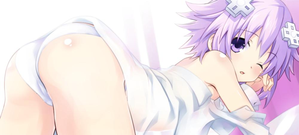 1girl ;o alternate_costume ass bent_over blush commentary_request d-pad d-pad_hair_ornament from_behind hair_ornament indoors iwasi-r kneeling looking_at_viewer looking_back neptune_(neptune_series) neptune_(series) off_shoulder one_eye_closed panties purple_hair rubbing_eyes shirt short_hair solo underwear violet_eyes white_panties white_shirt