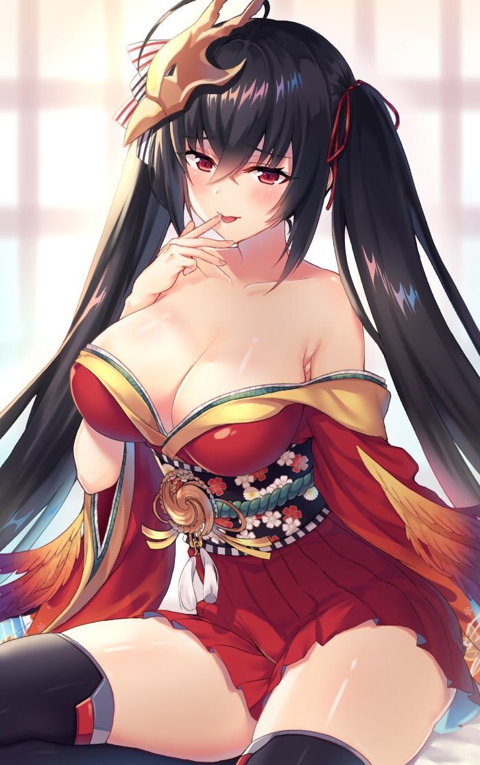 1girl ahoge azur_lane bangs bare_shoulders black_hair blush breasts cleavage collarbone crossed_bangs eyebrows_visible_through_hair feathers finger_to_mouth hair_between_eyes hair_ribbon ichigo_seika japanese_clothes kimono large_breasts long_hair looking_at_viewer mask mask_on_head obi off_shoulder red_eyes red_kimono ribbon sash sitting smile solo taihou_(azur_lane) tongue tongue_out twintails very_long_hair