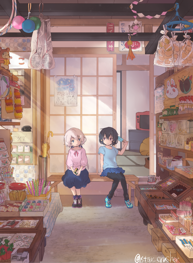 2girls black_hair candy flower food hair_flower hair_ornament hoshikuzushi konno_junko mask mizuno_ai multiple_girls phone popsicle shop silver_hair sitting skirt smile sunlight television twitter_username umbrella younger zombie_land_saga