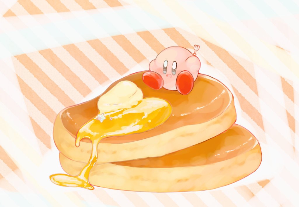 abstract_background butter drooling food fork kananishi kirby kirby_(series) nintendo pancake pastel_colors sparkling_eyes star syrup