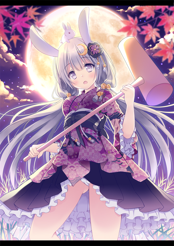 1girl animal_ears autumn_leaves bell blush breasts commentary_request eyebrows_visible_through_hair flower frills grey_eyes grey_hair hair_flower hair_ornament hammer holding hoshino_koucha japanese_clothes kimono leaf looking_at_viewer maple_leaf medium_breasts moon moon_(ornament) night night_sky on_head open_mouth original panties rabbit rabbit_ears red_flower sky solo underwear white_panties wide_sleeves