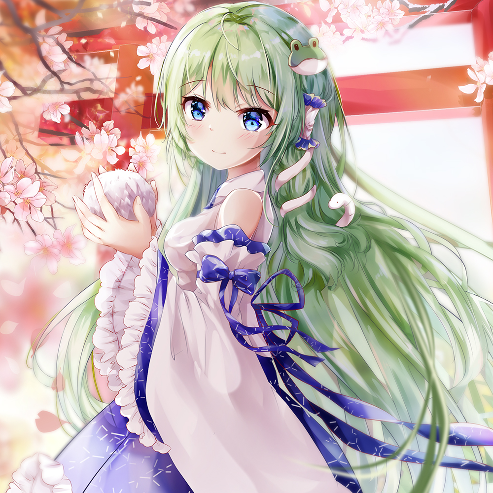 1girl bangs bare_shoulders blue_eyes blue_skirt blush cherry_blossoms closed_mouth detached_sleeves eyebrows_visible_through_hair fingernails flower frilled_skirt frilled_sleeves frills frog_hair_ornament green_hair hair_between_eyes hair_ornament hair_tubes holding japanese_clothes kimono kochiya_sanae long_hair long_sleeves looking_at_viewer looking_to_the_side microphone mutang petals pink_flower pleated_skirt skirt sleeveless sleeveless_kimono smile snake_hair_ornament solo torii touhou tree_branch very_long_hair white_kimono white_sleeves wide_sleeves