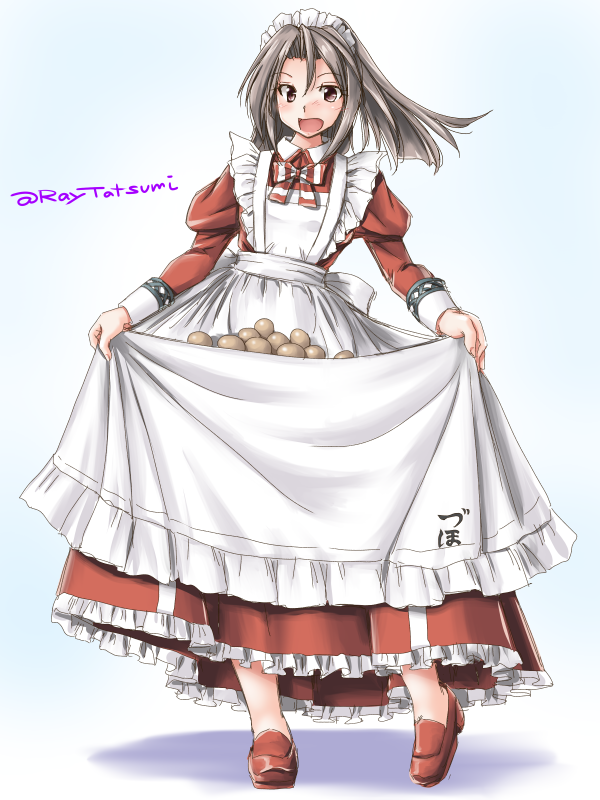 1girl alternate_costume apron brown_eyes dress egg enmaided frilled_apron frilled_dress frills full_body grey_hair kantai_collection loafers long_hair looking_at_viewer maid maid_headdress open_mouth red_dress red_footwear shoes skirt_basket solo tatsumi_ray twitter_username white_apron zuihou_(kantai_collection)