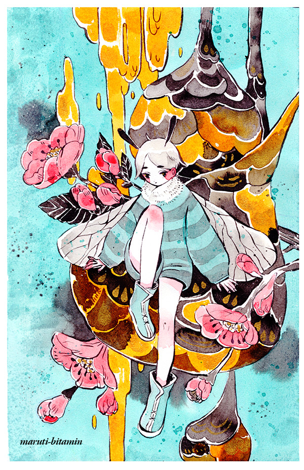 1girl antennae aqua_background aqua_footwear artist_name bee_girl beehive flower honey insect_girl insect_wings knee_up leaf long_sleeves maruti_bitamin no_nose original pink_flower plant shoes sleeves_past_wrists solo striped wings