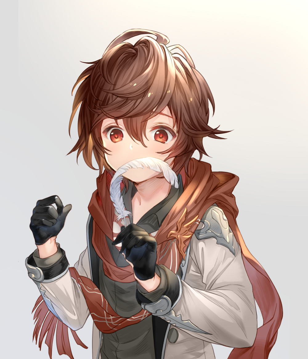 1boy age_regression alternate_costume brown_hair casual coto_ne feathers gloves granblue_fantasy half_gloves jacket male_focus red_eyes sandalphon_(granblue_fantasy) scarf shirt short_hair solo younger