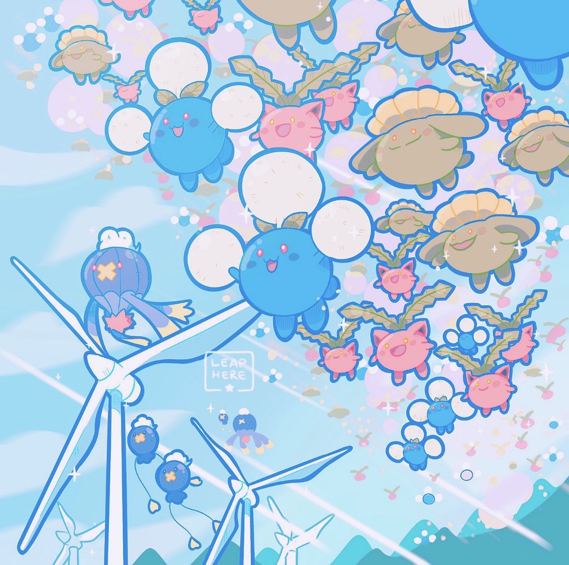 :d blue_sky clouds cloudy_sky commentary creature day drifblim drifloon english_commentary gen_2_pokemon gen_4_pokemon hoppip jumpluff mountain no_humans open_mouth outdoors pokemon pokemon_(creature) signature skiploom sky smile valley_windworks wind_turbine windmill yamato-leaphere