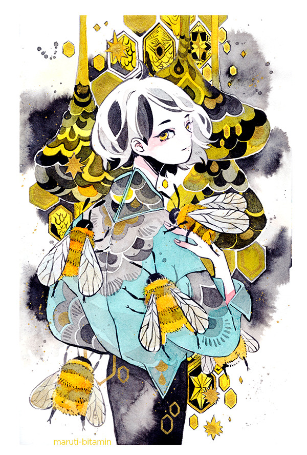 1girl antennae artist_name bee bug from_behind hand_on_own_shoulder honeycomb_(pattern) insect long_sleeves looking_at_viewer looking_back maruti_bitamin original oversized_insect short_hair smile solo white_hair yellow_eyes