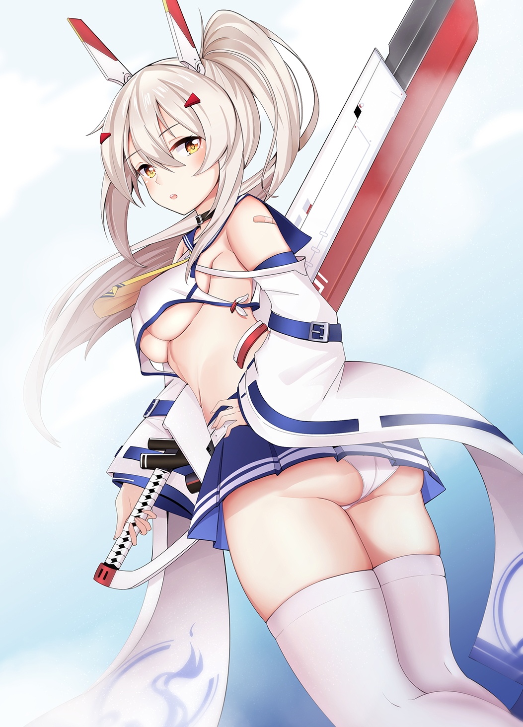 1girl ass ayanami_(azur_lane) azur_lane bandaid_on_arm bangs blue_sailor_collar blue_skirt blush breasts brown_hair commentary_request crop_top crop_top_overhang detached_sleeves eyebrows_visible_through_hair hair_between_eyes hair_ornament hairclip hand_on_hip headgear high_ponytail highres holding holding_sword holding_weapon large_breasts leng_xiao long_sleeves looking_at_viewer looking_back panties parted_lips pleated_skirt ponytail remodel_(azur_lane) sailor_collar school_uniform serafuku shirt skirt sleeveless sleeveless_shirt sleeves_past_wrists solo sword thigh-highs under_boob underwear weapon white_legwear white_panties white_shirt white_sleeves wide_sleeves