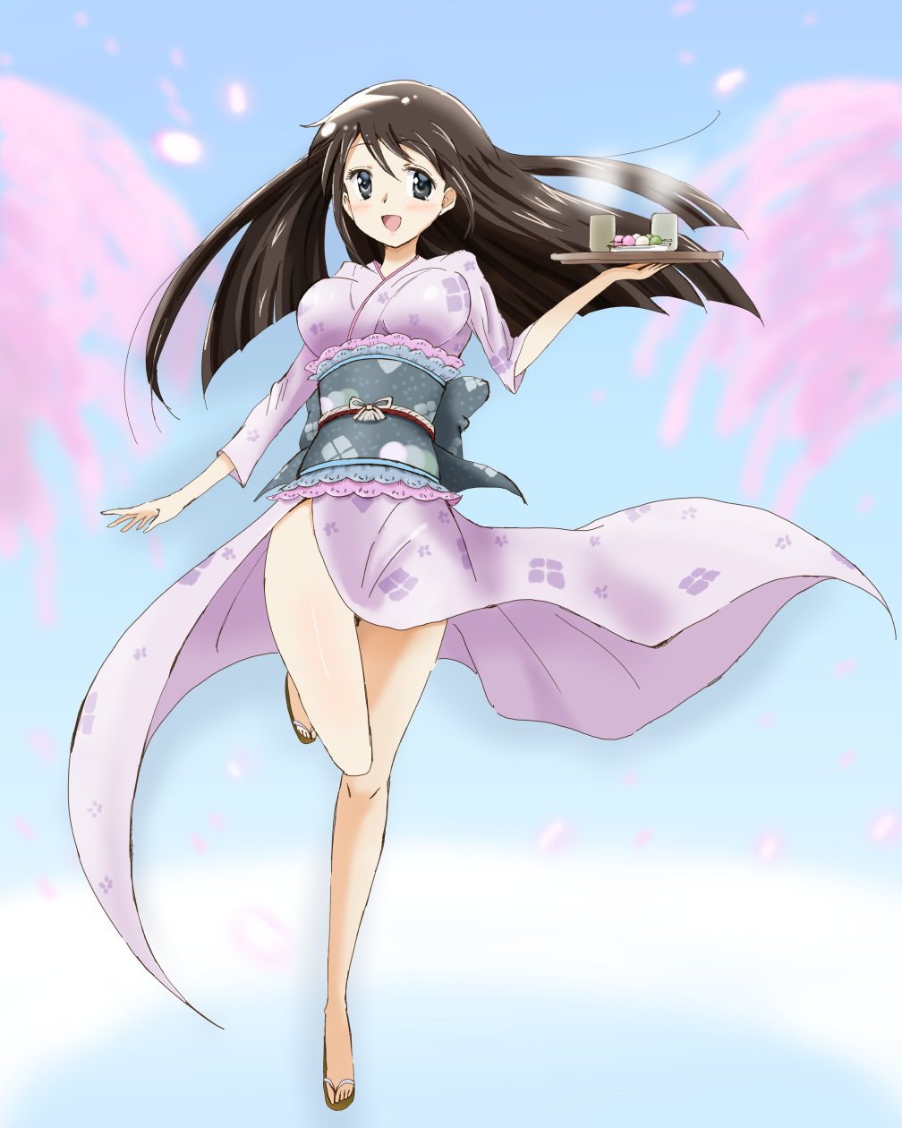 1girl :d black_eyes breasts brown_hair commentary_request cup dango eyebrows_visible_through_hair food full_body hair_down highres holding holding_tray japanese_clothes kimono kinfuji large_breasts long_hair looking_to_the_side open_mouth original sandals smile solo touge_chayako tray wagashi yunomi