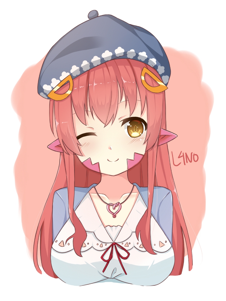 1girl artist_name beret blush breasts commentary commission hair_between_eyes hair_ornament hair_over_shoulder hairclip hat jewelry l4no lamia long_hair looking_at_viewer miia_(monster_musume) monster_girl monster_musume_no_iru_nichijou necklace one_eye_closed pointy_ears redhead scales simple_background smile solo upper_body vest yellow_eyes
