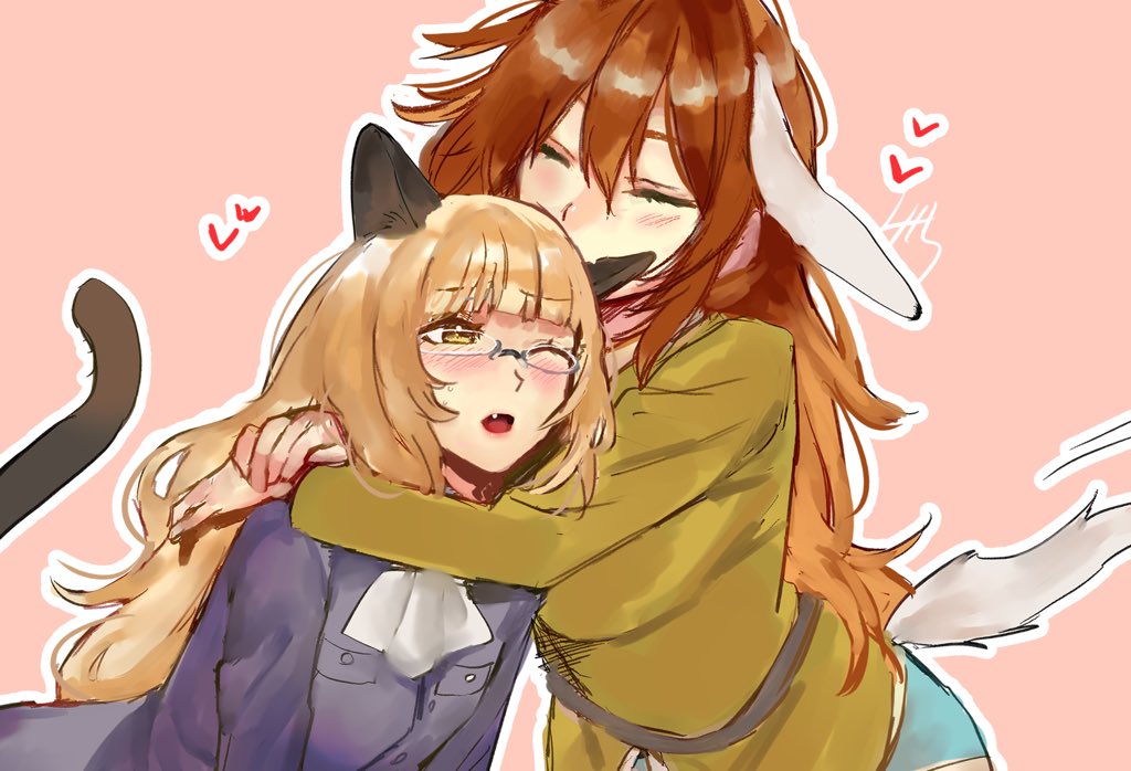 2girls animal_ears black_ears black_tail blonde_hair blush brown_hair bunny_tail cat_ears cat_tail charlotte_e_yeager closed_eyes cowboy_shot cravat fang glasses heart hug long_hair miyoichi_(_miyoichi) multiple_girls one_eye_closed open_mouth perrine_h_clostermann pink_background rabbit_ears strike_witches tail world_witches_series