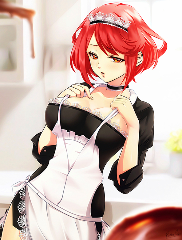 1girl alternate_costume apron bangs blurry breasts chocolate collar commentary commentary_request english_commentary esther eyebrows_visible_through_hair hair_ornament headpiece pyra_(xenoblade) indoors kitchen large_breasts looking_at_viewer maid maid_apron maid_dress maid_headdress nintendo open_mouth red_eyes redhead short_hair solo swept_bangs tiara xenoblade_(series) xenoblade_2