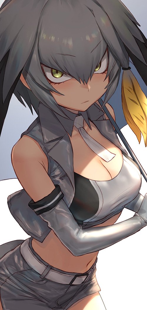 1girl adapted_costume belt bird_tail bird_wings blonde_hair collared_shirt commentary crop_top detached_collar elbow_gloves gloves green_eyes grey_hair guchico hair_tie head_wings jacket kemono_friends midriff multicolored_hair necktie shirt shoebill_(kemono_friends) short_hair short_shorts shorts solo wings work_in_progress yellow_eyes