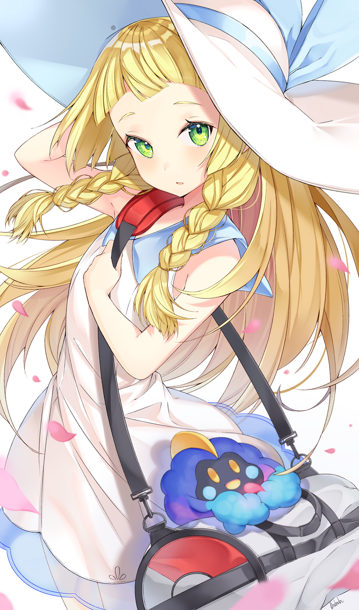 1girl bag bangs blonde_hair blue_ribbon blunt_bangs blush braid breasts cherry_blossoms collared_dress commentary_request cosmog creatures_(company) dress duffel_bag eyebrows_visible_through_hair game_freak gen_7_pokemon green_eyes hair_between_eyes hat hat_ribbon highres lillie_(pokemon) long_hair looking_at_viewer nintendo open_mouth petals poke_ball_theme pokemon pokemon_(game) pokemon_sm ribbon ringozaka_mariko shoulder_bag simple_background sleeveless sleeveless_dress small_breasts sun_hat sundress twin_braids white_background white_dress white_headwear