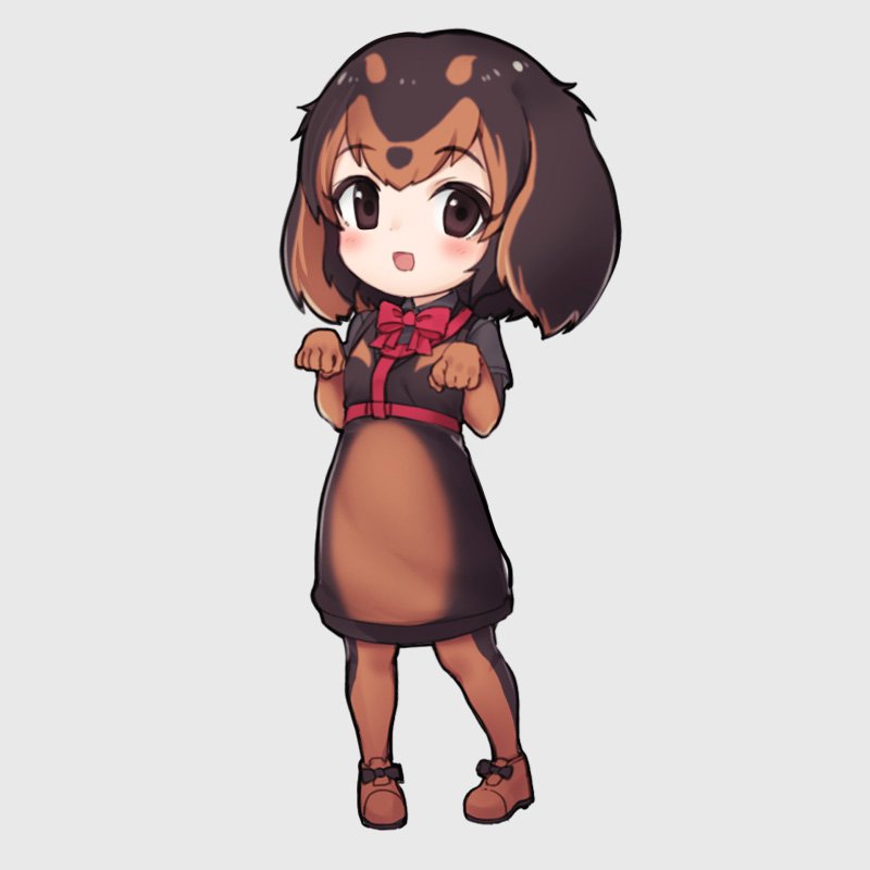 1girl animal_ears black_hair black_legwear black_shirt black_skirt blush bow brown_eyes brown_footwear brown_gloves brown_hair brown_legwear brown_shirt brown_skirt character_request chibi copyright_request dachshund_(kemono_friends)_(nyifu) dog_ears elbow_gloves eyebrows_visible_through_hair full_body gloves kemono_friends looking_at_viewer multicolored multicolored_clothes multicolored_shirt multicolored_skirt nyifu open_mouth original original_fan_character red_bow shirt shoes short_hair simple_background skirt smile solo white_background