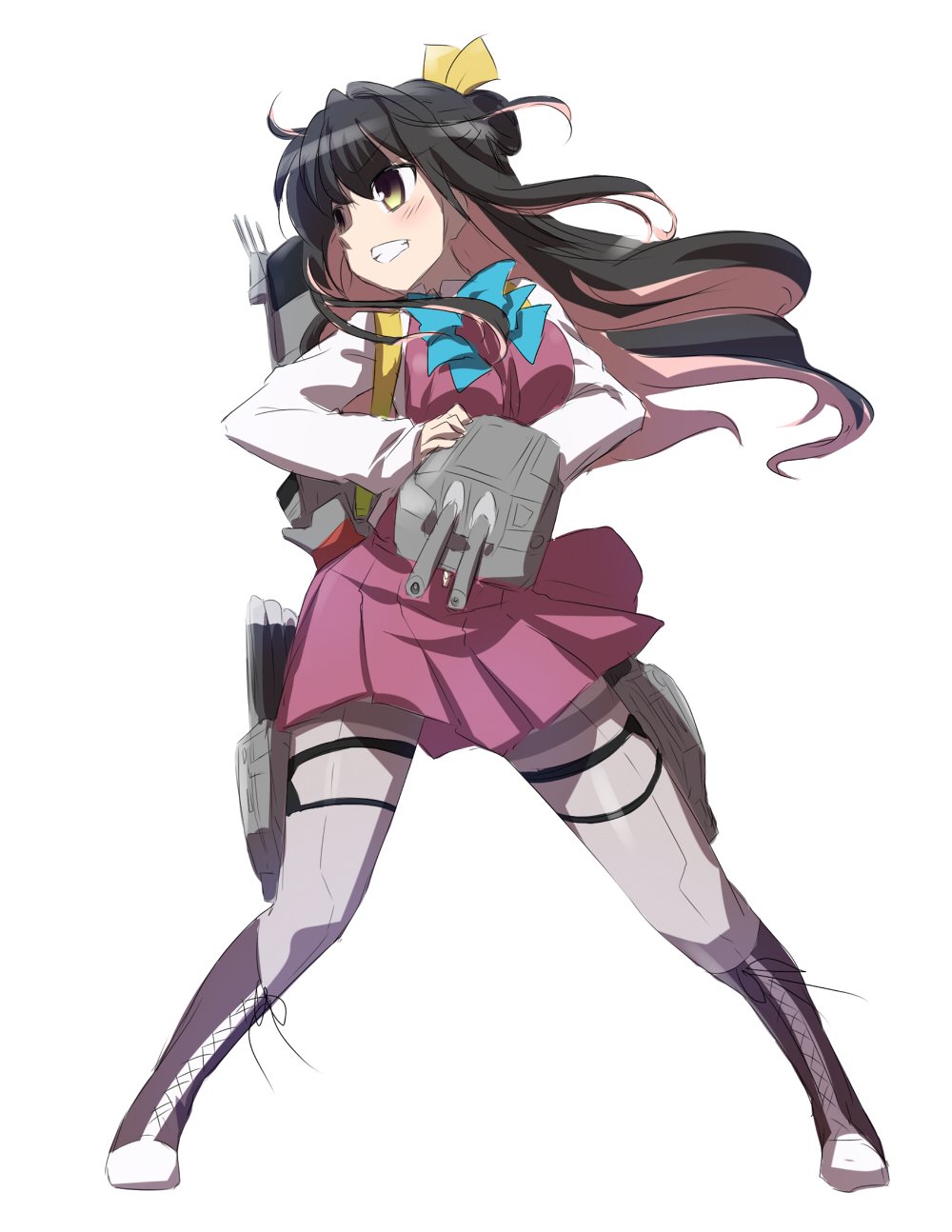 1girl adapted_turret black_hair boots bow bowtie breasts cannon clenched_teeth commentary_request cross-laced_footwear full_body grey_legwear hair_ribbon halterneck highres kantai_collection lace-up_boots long_hair machinery medium_breasts multicolored_hair naganami_(kantai_collection) pantyhose pink_hair pose ribbon shirt simple_background smokestack solo standing teeth torpedo_launcher turret two-tone_hair wavy_hair white_background white_shirt yellow_eyes yoshi_tama