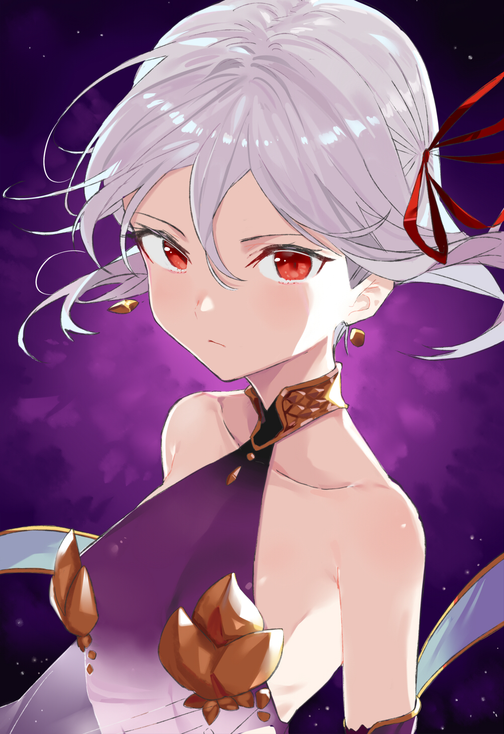 1girl armpits closed_mouth collarbone commentary_request detached_sleeves earrings fate/grand_order fate_(series) gradient gradient_background grey_hair hair_between_eyes hair_ribbon highres jewelry kama_(fate/grand_order) looking_at_viewer pinch_(nesume) purple_background red_eyes red_ribbon ribbon serious shawl short_hair smile solo upper_body