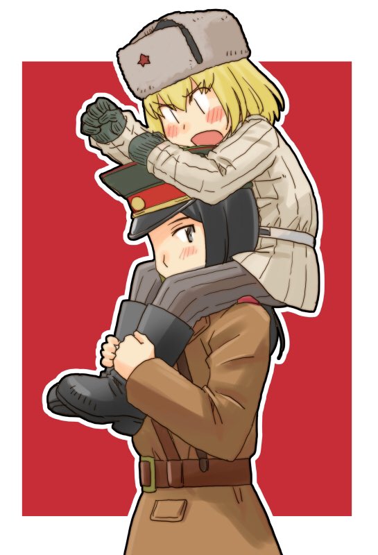 2girls alternate_costume angry bangs belt black_eyes black_footwear black_gloves black_hair blonde_hair blush brown_belt brown_coat carrying clenched_hand coat collar commentary commentary_request frown fur_hat girls_und_panzer gloves green_headwear grey_headwear grey_pants hat katyusha looking_at_another looking_at_viewer looking_back military military_uniform multiple_girls nonna open_mouth outline outside_border pants partial_commentary peaked_cap red_background sam_browne_belt short_hair shoulder_carry soviet uniform uona_telepin ushanka v-shaped_eyebrows white_belt white_collar white_outline