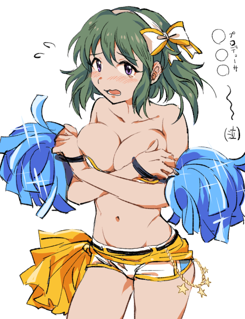 1girl alternate_skin_color bangs bare_shoulders blush bow breasts collarbone covering covering_breasts cowboy_shot eyebrows_visible_through_hair flying_sweatdrops furrowed_eyebrows green_hair groin hair_between_eyes hairband idolmaster idolmaster_cinderella_girls kakitsubata_zero medium_breasts natalia_(idolmaster) navel open_mouth pom_poms short_hair short_shorts shorts simple_background solo star tears teeth violet_eyes wavy_mouth white_background white_hairband white_shorts