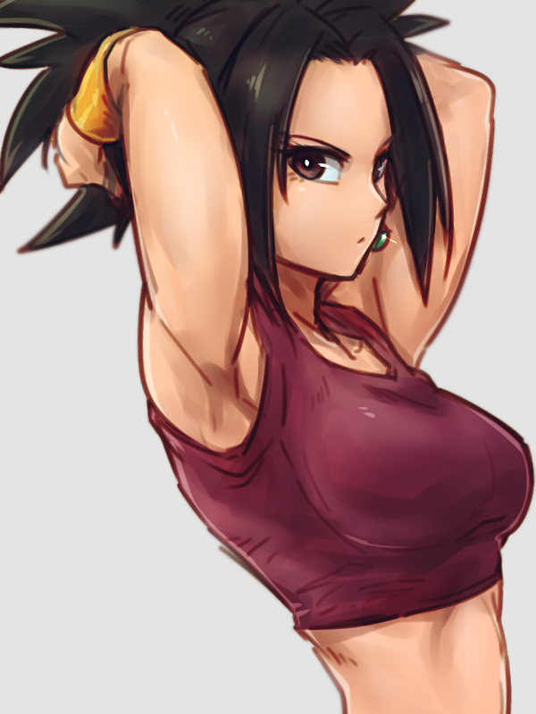 1girl armpits arms_up black_hair bracer breasts brown_eyes closed_mouth collarbone commentary_request dragon_ball dragon_ball_super earrings expressionless flat_color fusion grey_background jewelry kefla_(dragon_ball) looking_at_viewer medium_breasts potara_earrings red_shirt shirt solo spiky_hair st62svnexilf2p9 stomach tank_top toned