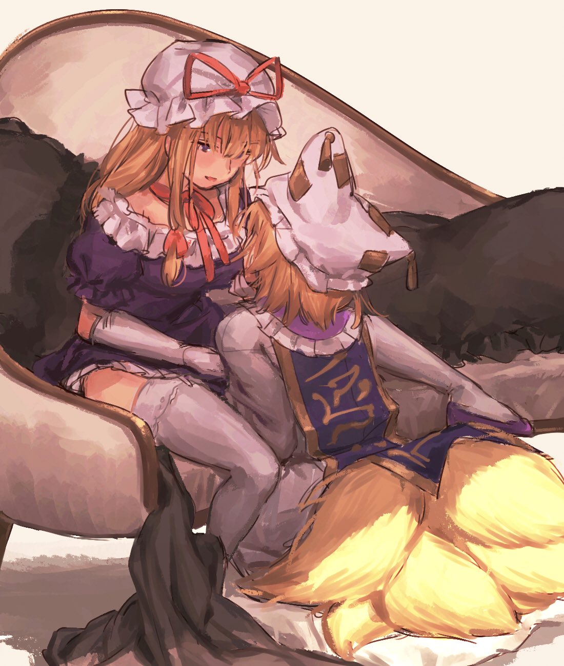 2girls bangs beige_background blonde_hair choker commentary_request couch dress fox_tail frilled_shirt_collar frills from_behind hair_between_eyes hair_ribbon hat hat_ribbon highres kneeling long_hair long_sleeves looking_at_another masanaga_(tsukasa) mob_cap multiple_girls multiple_tails parted_lips petticoat pillow_hat puffy_short_sleeves puffy_sleeves purple_dress purple_footwear red_choker red_ribbon ribbon ribbon_choker shoes short_dress short_hair short_sleeves sidelocks simple_background sitting sketch smile tabard tail thigh-highs thighs touhou violet_eyes white_dress white_headwear white_legwear yakumo_ran yakumo_yukari yuri