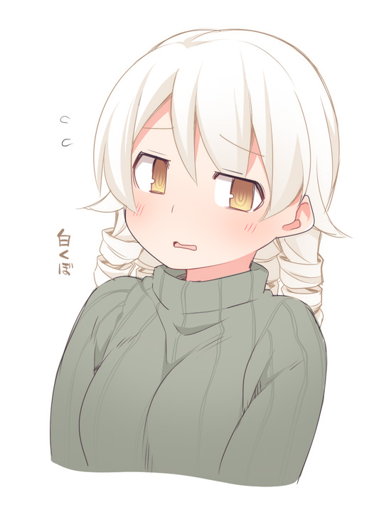 1girl @_@ alternate_hair_color bangs blush brown_eyes cropped_torso eyebrows_visible_through_hair flying_sweatdrops green_sweater hair_between_eyes hair_flaps idolmaster idolmaster_cinderella_girls looking_at_viewer morikubo_nono parted_lips ribbed_sweater simple_background solo sweater translation_request upper_body ushi white_background white_hair