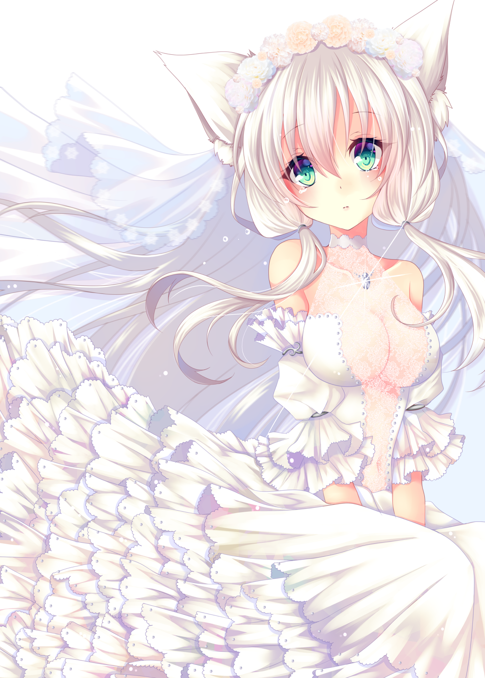 1girl animal_ear_fluff animal_ears bangs bare_shoulders breasts cat_ears cleavage closed_mouth collarbone crying crying_with_eyes_open detached_sleeves dress eyebrows_visible_through_hair flower glint green_eyes hair_between_eyes hair_flower hair_ornament head_tilt highres long_hair looking_at_viewer medium_breasts meiya_neon navel original puffy_short_sleeves puffy_sleeves rose see-through short_sleeves silver_hair simple_background solo tears veil very_long_hair wedding_dress white_background white_dress white_flower white_rose white_sleeves