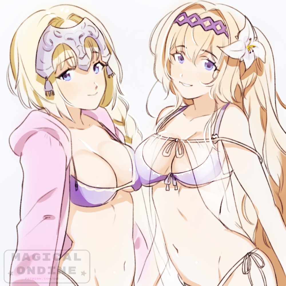 2girls artist_name artist_request bikini blonde_hair breasts cygames emiya-san_chi_no_kyou_no_gohan fate/apocrypha fate/grand_order fate_(series) flower from_side granblue_fantasy groin hair_between_eyes hair_flower hair_ornament headpiece jeanne_d'arc_(fate)_(all) jeanne_d'arc_(granblue_fantasy) long_braid long_hair magical_ondine medium_breasts multiple_girls name_connection namesake navel ruler_(fate/apocrypha) see-through side-tie_bottom smile swimsuit swimsuit_under_clothes type-moon violet_eyes white_background