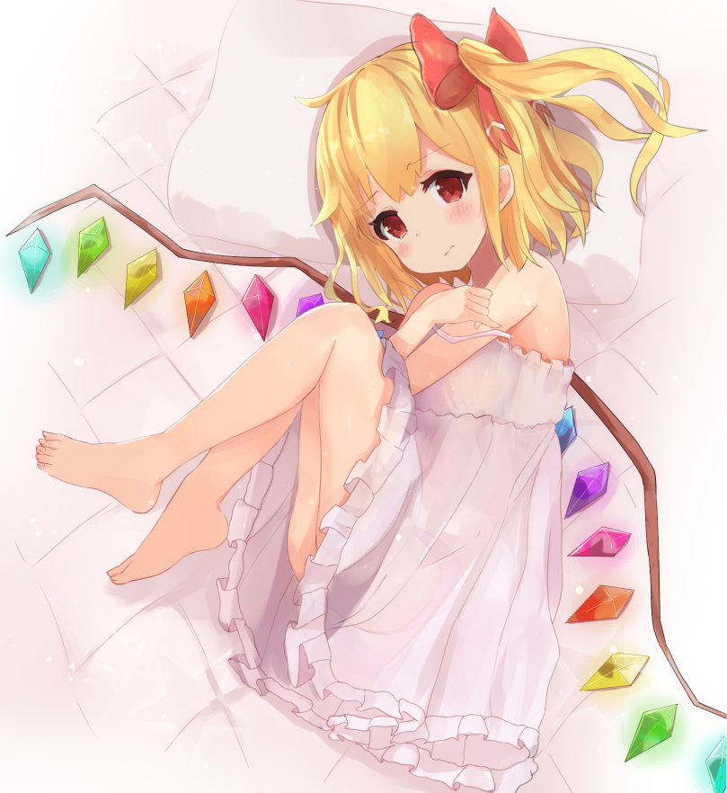1girl alternate_costume bangs bare_shoulders barefoot bed_sheet blonde_hair blush bow chaha commentary_request crystal dress eyebrows_visible_through_hair flandre_scarlet full_body hair_bow knees_up looking_at_viewer lying no_hat no_headwear on_side one_side_up panties pillow red_bow red_eyes see-through shadow short_hair solo strap_slip thighs touhou underwear white_dress wings