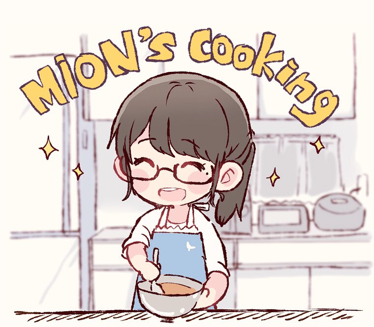 1girl :d ^_^ akb48 apron bangs blue_apron blurry blurry_background blush bowl character_name chibi closed_eyes closed_eyes commentary cooking english_commentary english_text kitchen long_hair mole mole_under_eye mukaichi_mion open_mouth ponytail real_life rice_cooker shirt sidelocks smile solo sparkle spoon stirring taneda_yuuta upper_body white_shirt