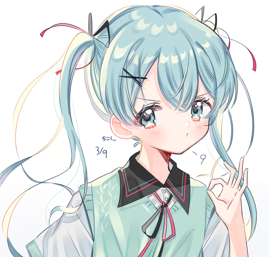 1girl aqua_eyes aqua_hair bangs blush dated hair_ornament hatsune_miku looking_at_viewer ok_sign short_sleeves simple_background solo sweater_vest twintails upper_body vocaloid white_background x_hair_ornament yalmyu