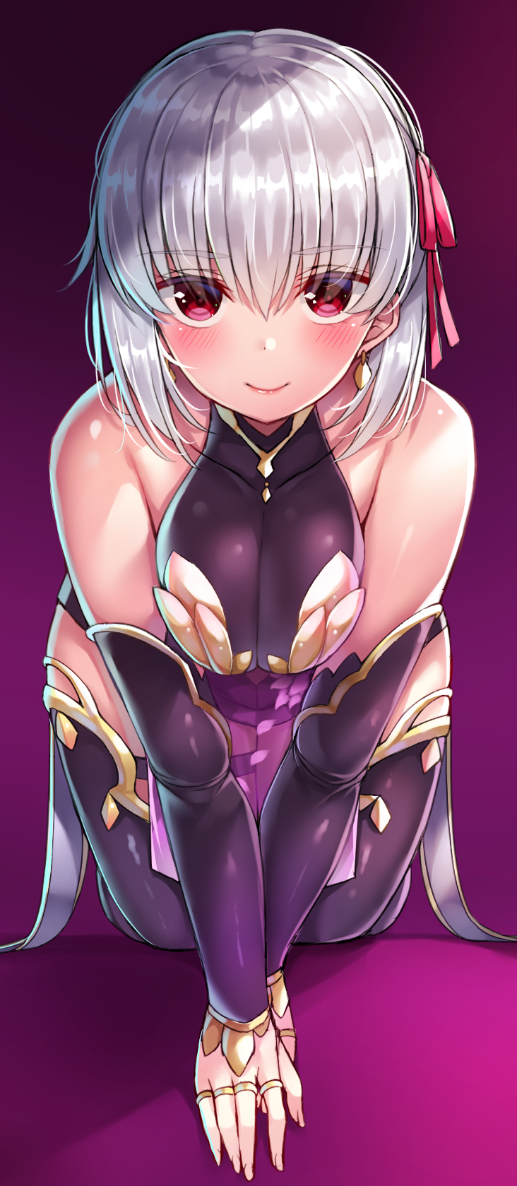 1girl all_fours bangs bare_shoulders beeyan blush breasts closed_mouth detached_sleeves dress earrings eyebrows_visible_through_hair fate/grand_order fate_(series) hair_between_eyes hair_ribbon halterneck highres jewelry kama_(fate/grand_order) kneeling leaning_forward looking_at_viewer purple_dress purple_legwear red_eyes ribbon ring short_hair silver_hair small_breasts smile solo thighs