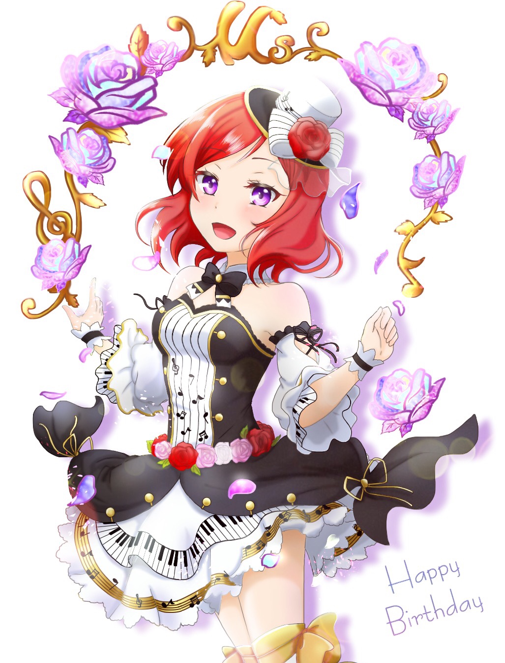 1girl :d bangs black_neckwear detached_collar detached_sleeves eyebrows_visible_through_hair flower happy_birthday hat hat_flower highres looking_at_viewer love_live! love_live!_school_idol_festival miniskirt musical_note musical_note_print nishikino_maki open_mouth petals print_hat print_skirt purple_flower purple_rose red_flower redhead rose short_hair skirt smile solo standing strapless swept_bangs violet_eyes wal---dg7sdr-0128 white_background white_sleeves wing_collar wrist_cuffs