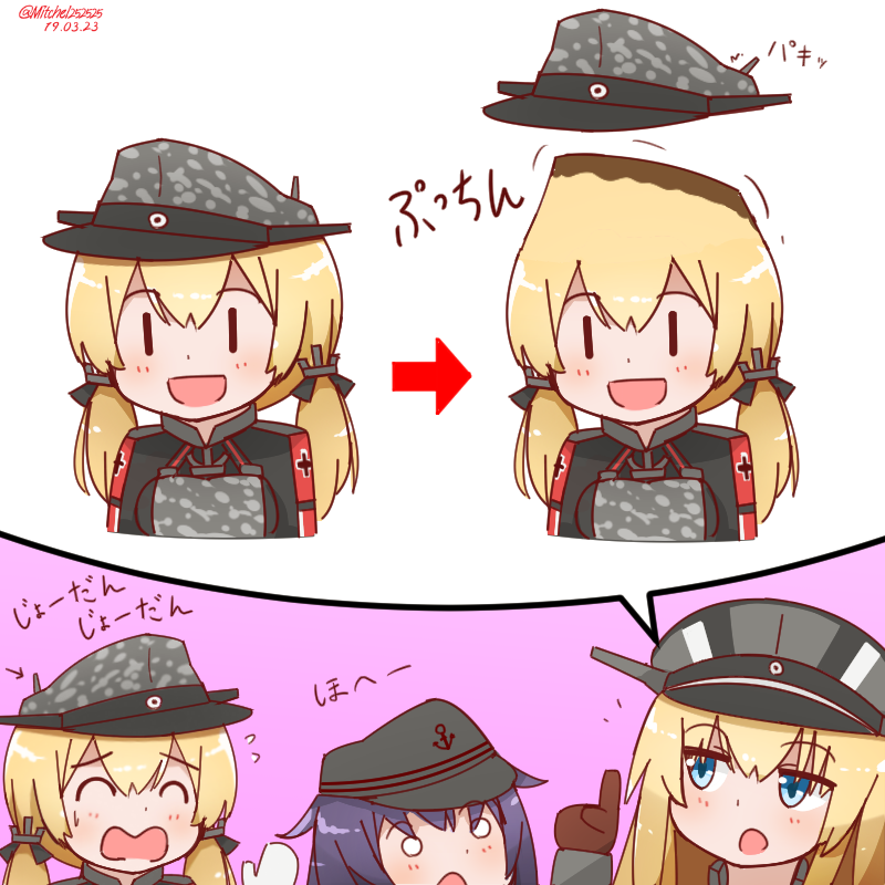 3girls akatsuki_(kantai_collection) anchor_hair_ornament anchor_symbol bismarck_(kantai_collection) black_headwear blonde_hair blue_eyes brown_gloves dated eyebrows_visible_through_hair flat_cap food gloves hair_ornament hat kantai_collection long_hair low_twintails miccheru military_hat multiple_girls open_mouth peaked_cap prinz_eugen_(kantai_collection) pudding pun purple_hair smile twintails twitter_username white_gloves |_|