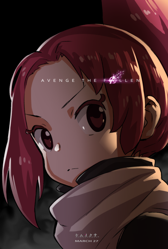 1girl avengers:_endgame bangs commentary folded_ponytail kemurikusa looking_at_viewer murakami_hisashi parody poster redhead rin_(kemurikusa) scarf serious short_hair solo white_scarf