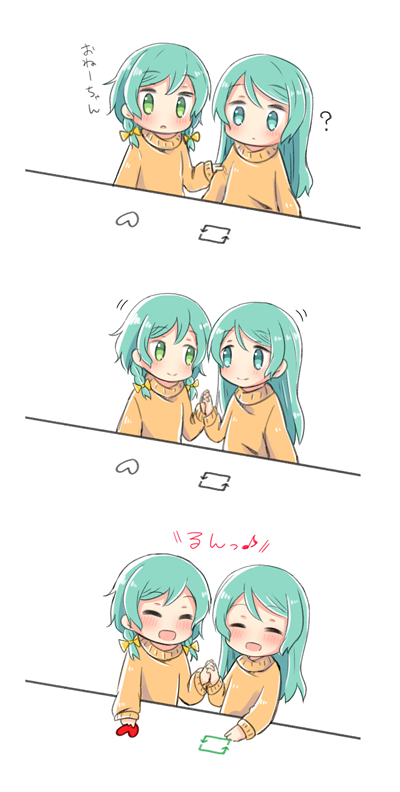 2girls :d ? ^_^ aqua_hair bang_dream! blue_eyes blush bongo_cat borderless_panels closed_eyes closed_eyes comic commentary_request green_eyes hand_holding hikawa_hina hikawa_sayo long_hair long_sleeves looking_at_another meme multiple_girls open_mouth orange_shirt shirt short_hair siblings side_braids simple_background sisters sleeve_tug smile sweatshirt translation_request twins twitter wapengin white_background