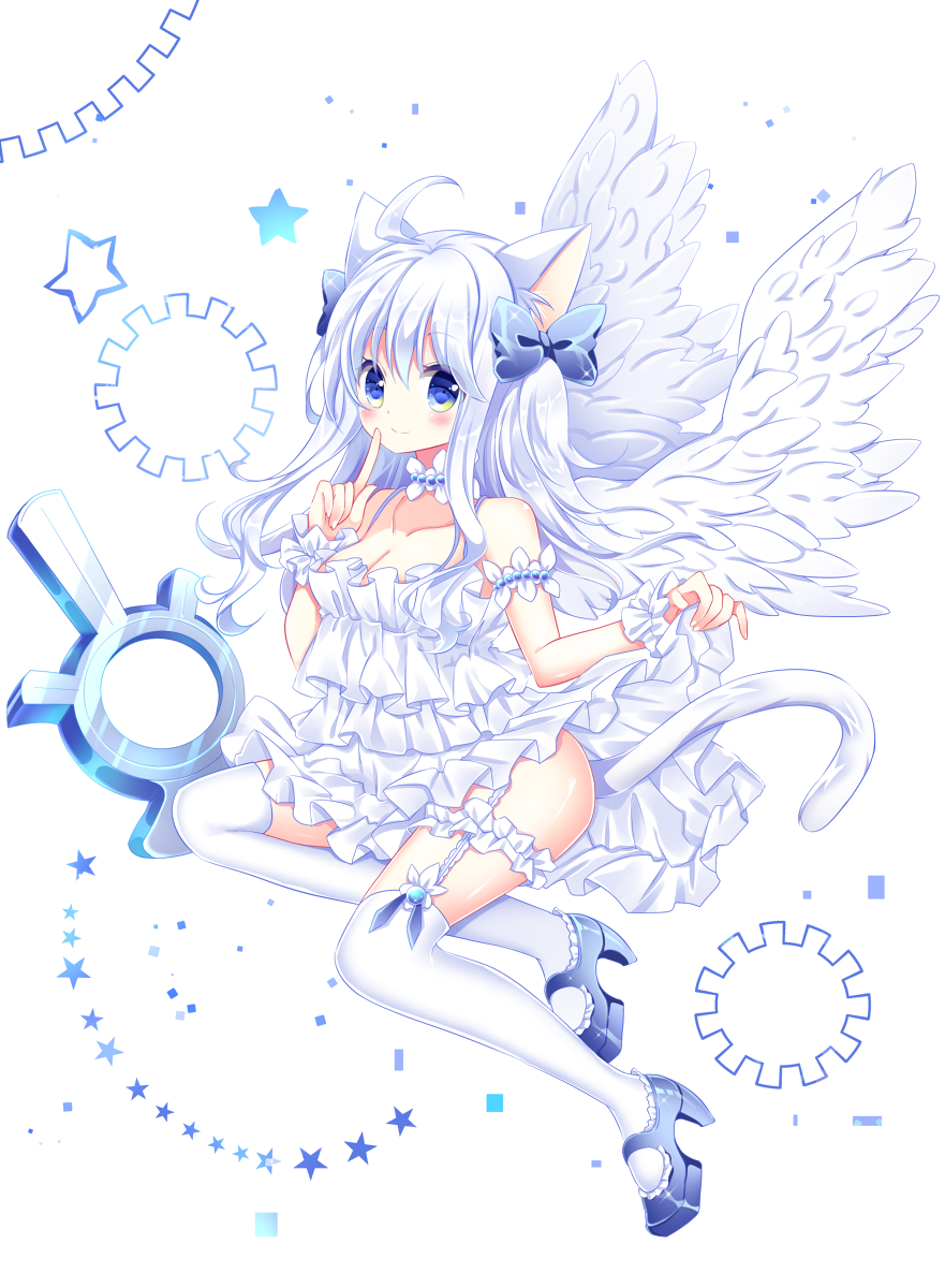 1girl ahoge angel_wings animal_ear_fluff animal_ears bangs bare_shoulders blue_bow blue_eyes blue_footwear blush bow breasts cat_ears cat_girl cat_tail cleavage closed_mouth collarbone commentary_request dress eyebrows_visible_through_hair feathered_wings hair_between_eyes hair_bow high_heels highres index_finger_raised long_hair medium_breasts original shikito shoes silver_hair skirt_hold sleeveless sleeveless_dress smile solo star tail thigh-highs two_side_up white_dress white_legwear white_wings wings wrist_cuffs