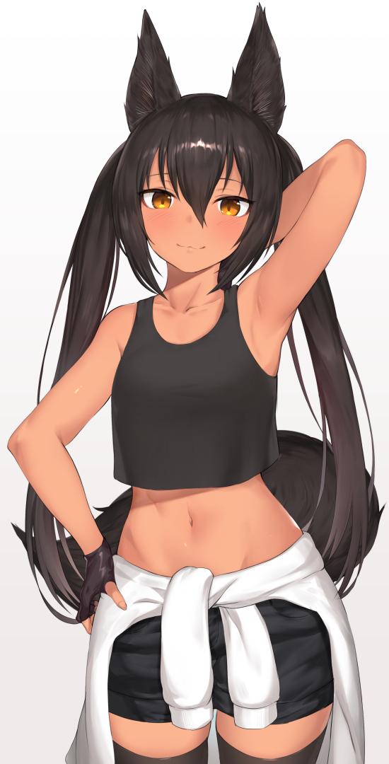 1girl :3 animal_ears arm_behind_head arm_up armpits bangs bare_arms bare_shoulders black_gloves black_hair black_legwear black_shirt black_shorts blush brown_eyes clothes_around_waist collarbone cowboy_shot crop_top crop_top_overhang fingerless_gloves fox_ears fox_tail gloves gradient gradient_background groin hair_between_eyes hand_on_hip jacket jacket_around_waist long_hair long_sleeves looking_at_viewer mathew_(srmmk_mce) midriff navel original shirt short_shorts shorts sidelocks smile solo standing stomach tail tank_top thigh-highs twintails white_jacket