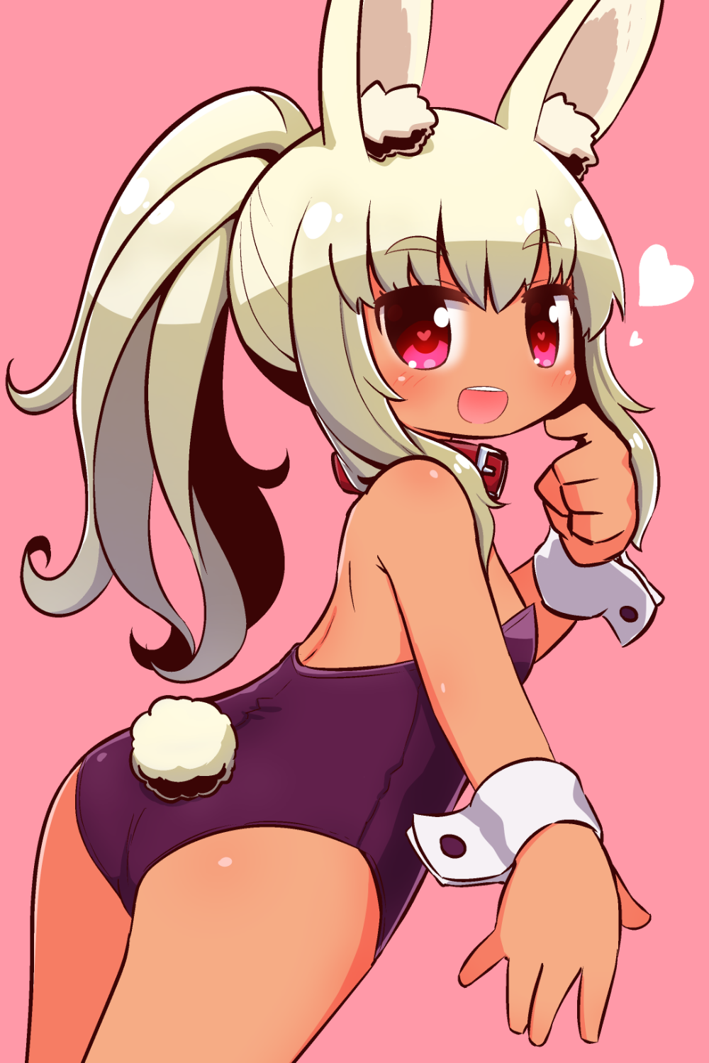 1girl :d animal_ear_fluff animal_ears ass bangs bare_shoulders belt_collar blush bunny_girl bunny_tail bunnysuit collar commentary_request dark_skin eyebrows_visible_through_hair hair_between_eyes hand_up heart heart-shaped_pupils high_ponytail highres leotard long_hair looking_at_viewer looking_back masurao_(sekaiju) naga_u open_mouth pink_background ponytail purple_leotard rabbit_ears red_collar red_eyes sekaiju_no_meikyuu sekaiju_no_meikyuu_5 sidelocks simple_background smile solo strapless strapless_leotard symbol-shaped_pupils tail upper_teeth white_hair wrist_cuffs